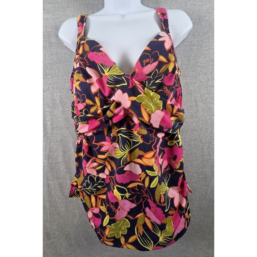 LANDS END Tankini Swim Top 18 Pink Navy Tropical Floral Cross Front Flowy Beach